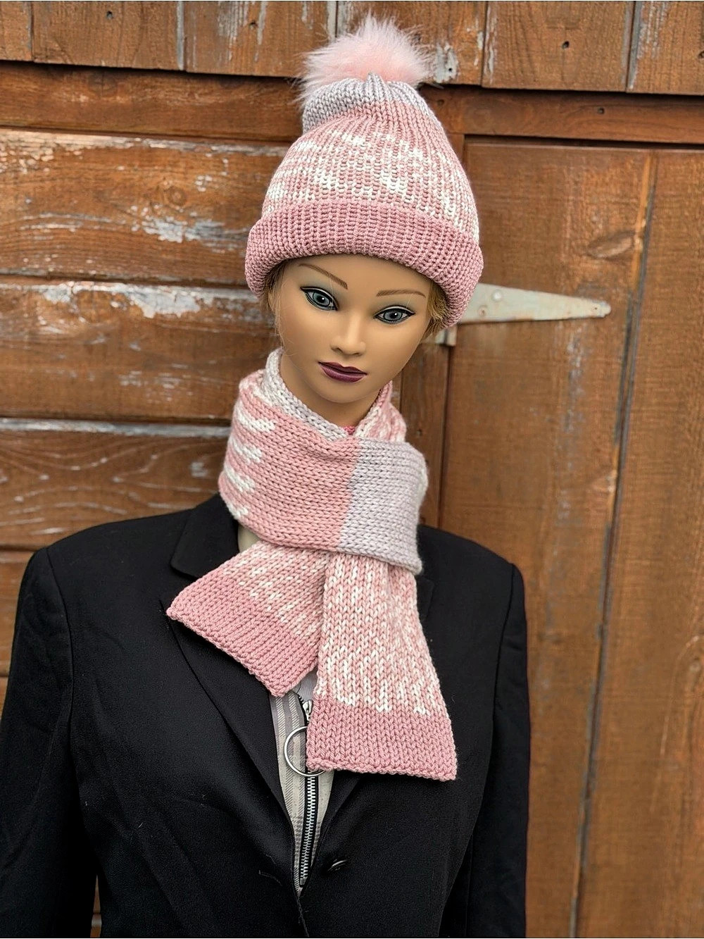 Pink Reversible Knit Hat & Scarf Set – Removable Pom Pom – Handmade Winter Acces